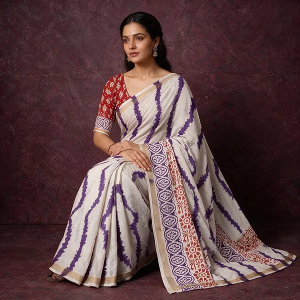 White_And_Purple_Cotton_Linen_Saree_For_Women