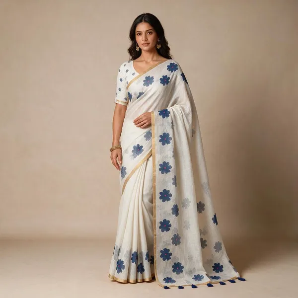 White_And_Blue_Cotton_Linen_Saree_For_Women
