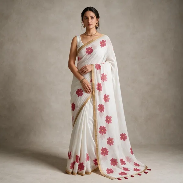 White_And_Magenta_Cotton_Linen_Saree_For_Women