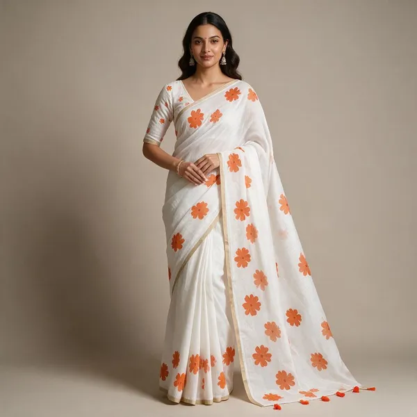 White_And_Orange_Cotton_Linen_Saree_For_Women