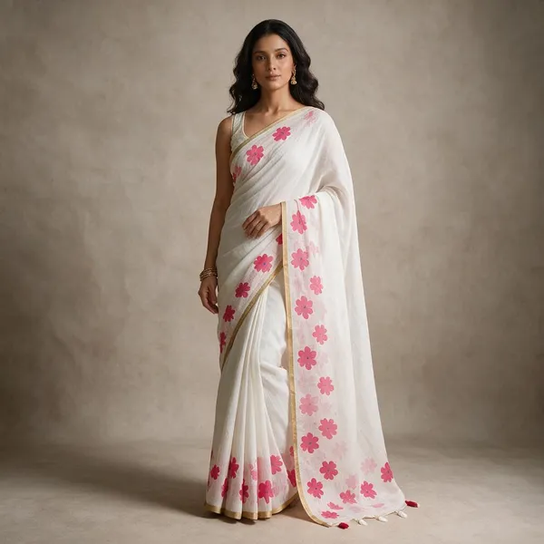 White_And_Pink_Cotton_Linen_Saree_For_Women