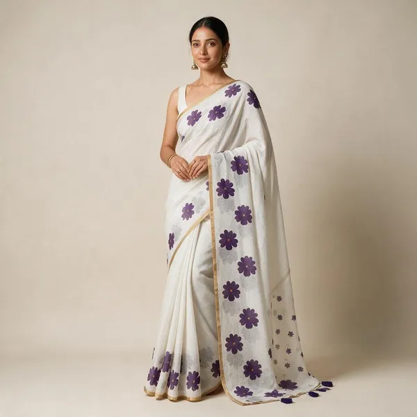White_And_Purple_Cotton_Linen_Saree_For_Women