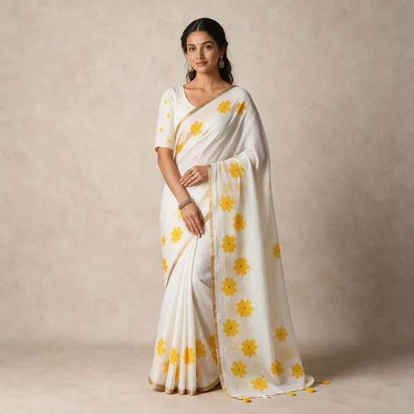 White_And_Yellow_Cotton_Linen_Saree_For_Women