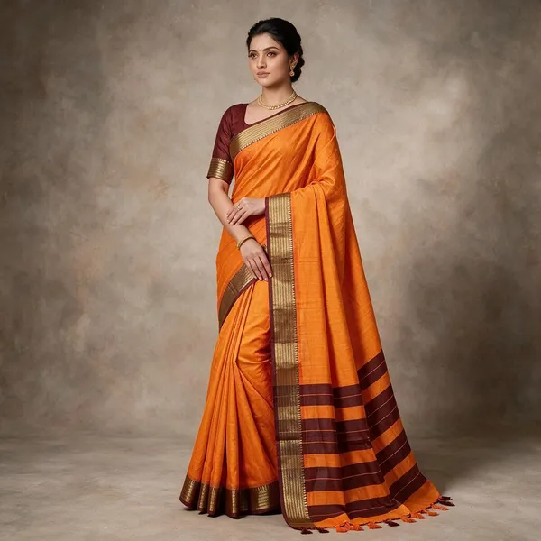 Orange_And_Brown_Kota_Doria_Saree_For_Women