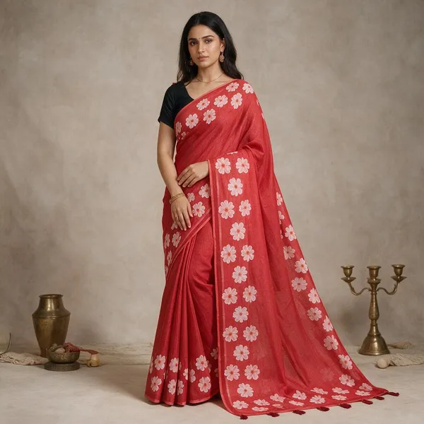 Red_Linen_Saree_For_Women