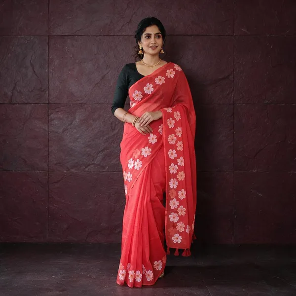 Red_Linen_Saree_For_Women