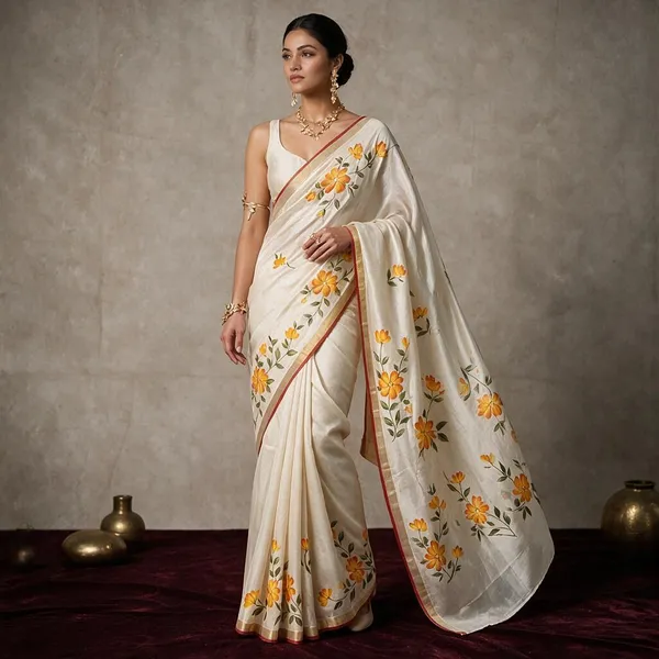 Cream_And_Yellow_Linen_Saree_For_Women
