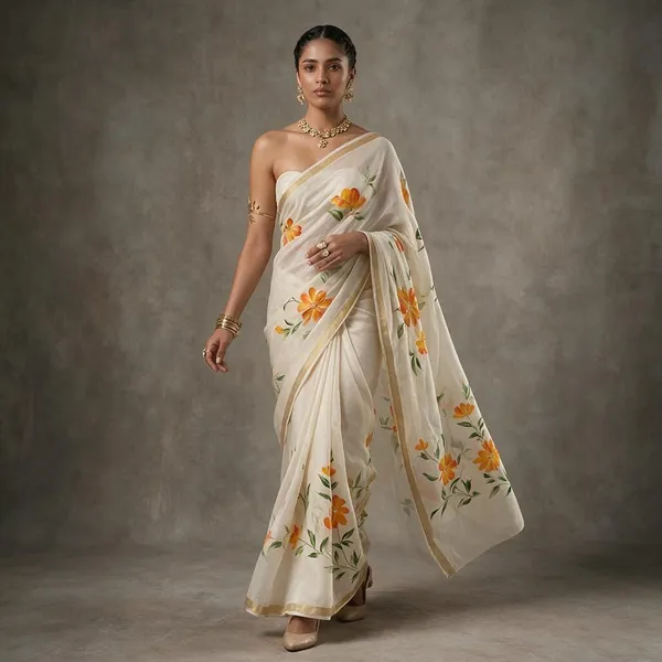 Cream_And_Yellow_Linen_Saree_For_Women