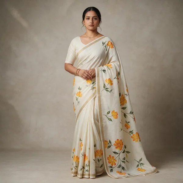 Cream_And_Yellow_Linen_Saree_For_Women