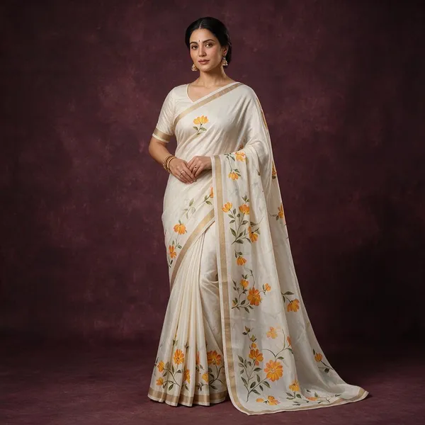 Cream_And_Yellow_Linen_Saree_For_Women