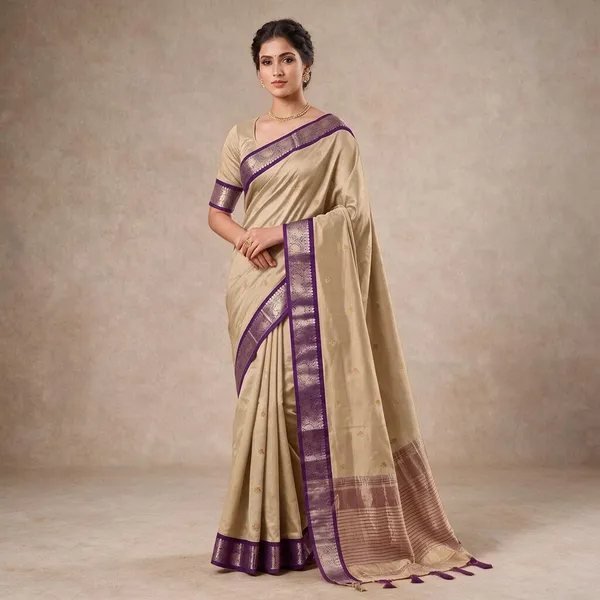 Beige_And_Purple_Cotton_Silk_Saree_For_Women