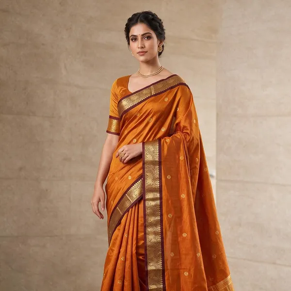 Orange_And_Brown_Cotton_Silk_Saree_For_Women