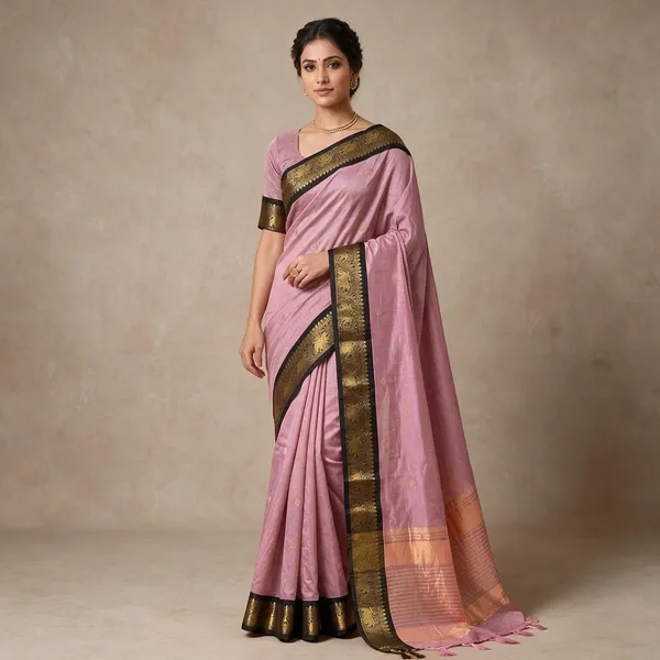 Pink_And_Black_Cotton_Silk_Saree_For_Women