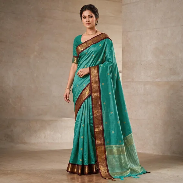 Dark_Green_And_Brown_Cotton_Silk_Saree_For_Women