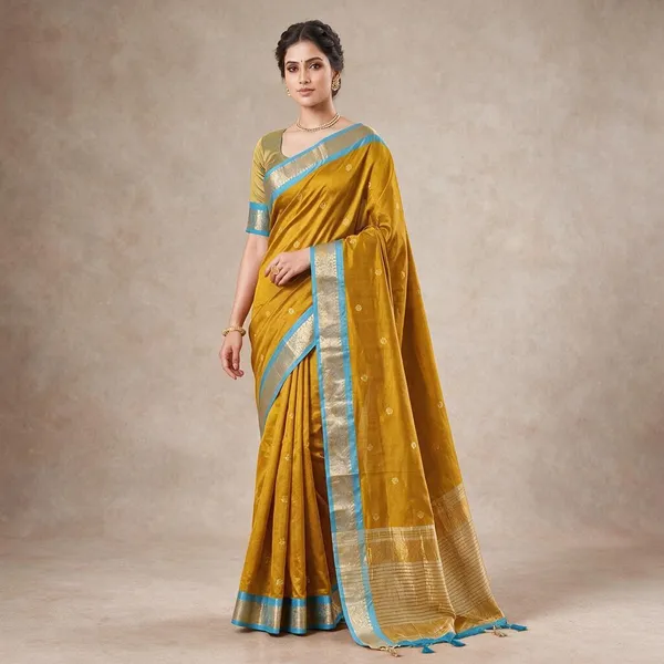 Yellow_And_Blue_Cotton_Silk_Saree_For_Women
