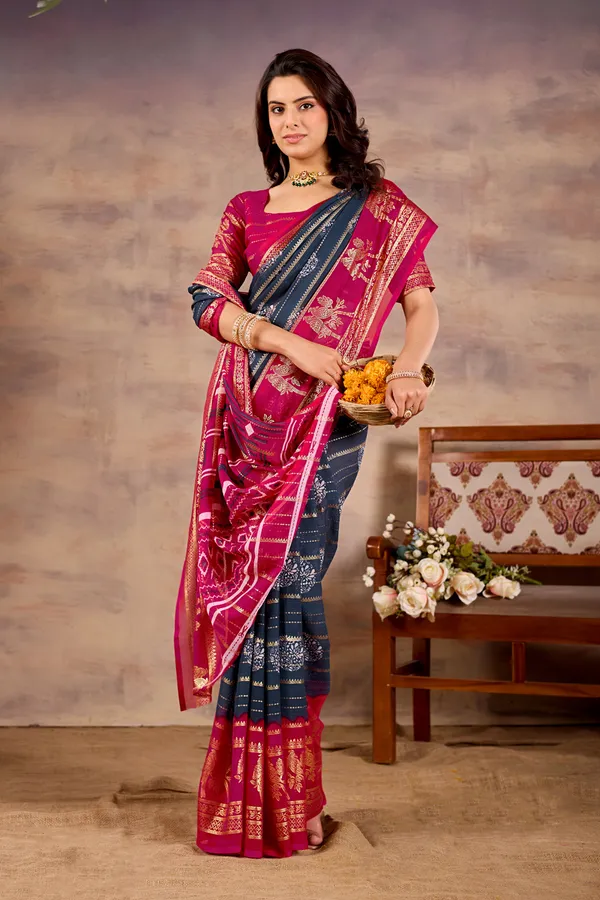 Multicolour_(Magenta_And_Navy)_Pure_Georgette_Saree_For_Women