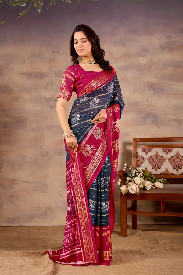 Multicolour_(Magenta_And_Navy)_Pure_Georgette_Saree_For_Women