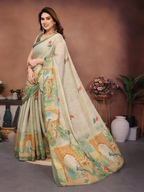 Beige_With_Green_Border_Silk_Blend_Saree_For_Women