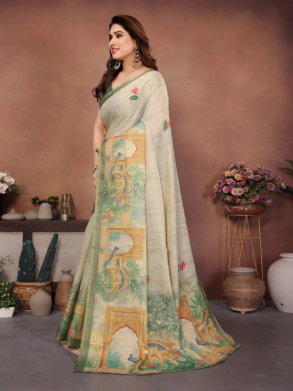 Beige_With_Green_Border_Silk_Blend_Saree_For_Women