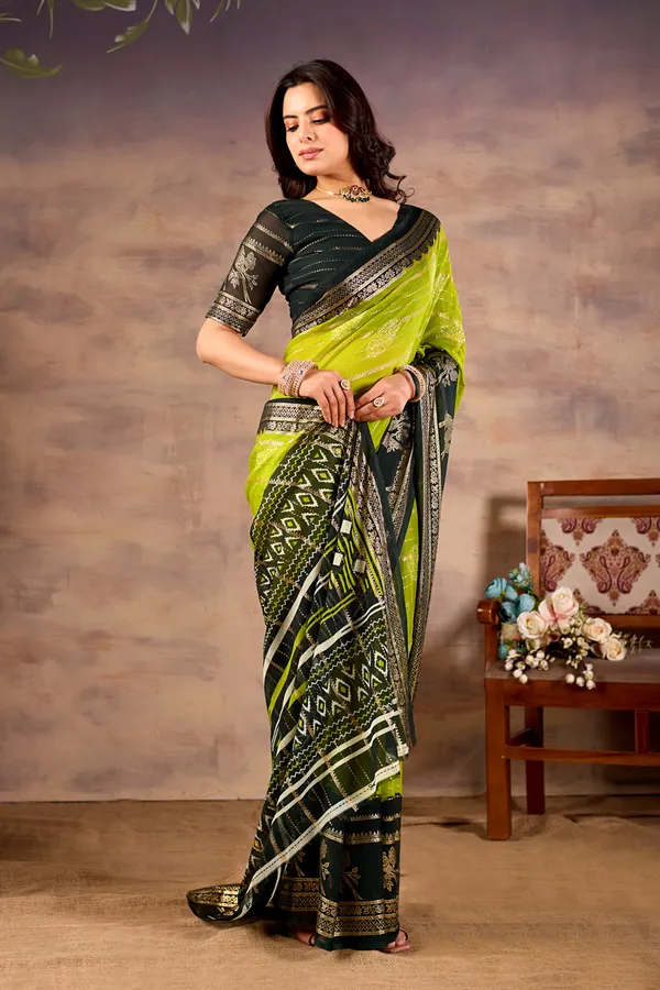 Lime_Green_With_Black_Pure_Georgette_Saree_For_Women