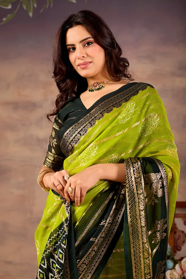Lime_Green_With_Black_Pure_Georgette_Saree_For_Women