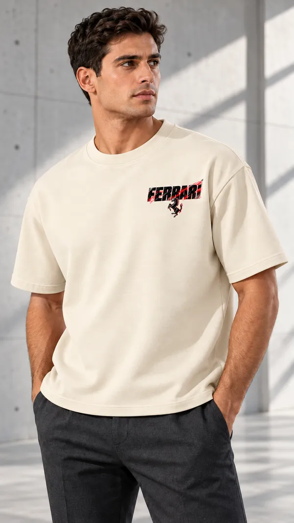 Cream_French_Terry_Relaxed_Fit_T-Shirt_For_Men