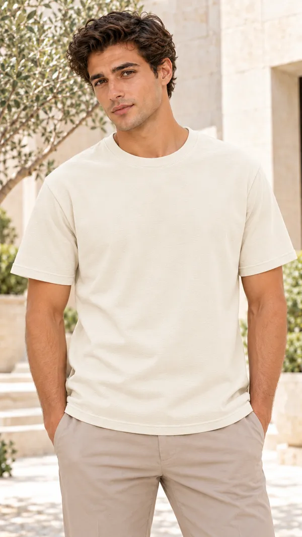 Cream_French_Terry_Relaxed_Fit_T-Shirt_For_Men