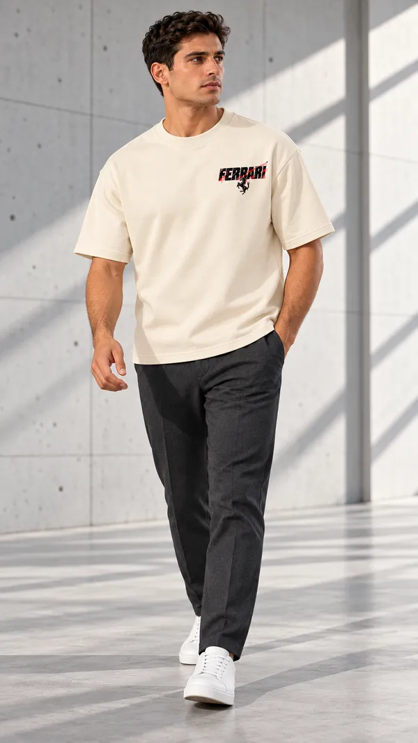 Cream_French_Terry_Relaxed_Fit_T-Shirt_For_Men