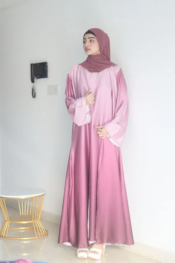Pink_Ombre_Satin_Shrug_Abaya_With_Hijab_For_Women