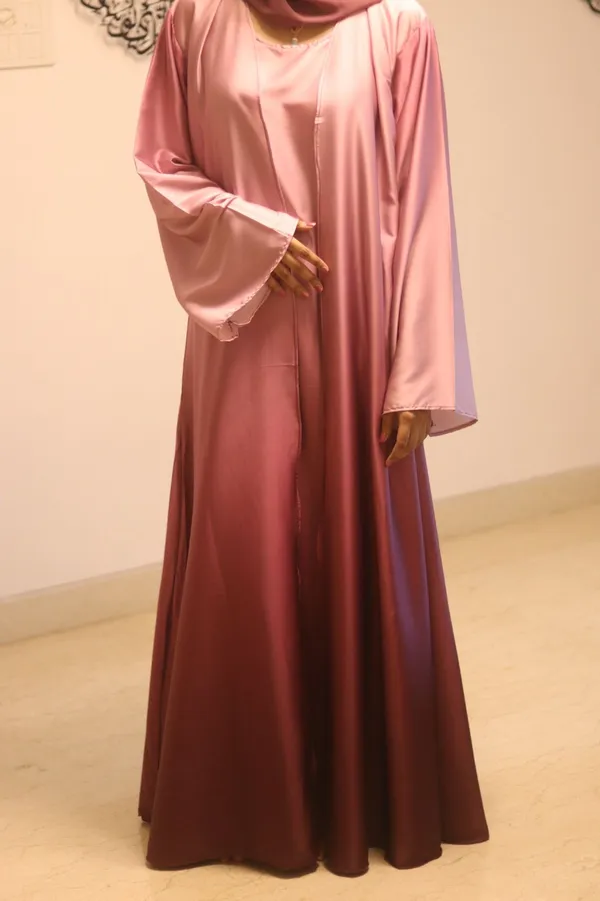 Pink_Ombre_Satin_Shrug_Abaya_With_Hijab_For_Women