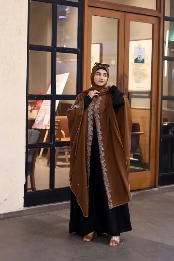 Brown_Nida_Georgette_Stonework_Abaya_With_Hijab_For_Women