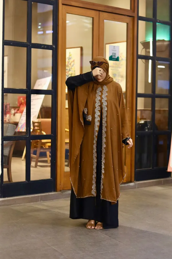 Brown_Nida_Georgette_Stonework_Abaya_With_Hijab_For_Women