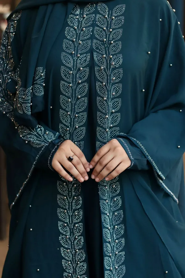 Teal_Nida_Georgette_Stonework_Abaya_With_Hijab_For_Women