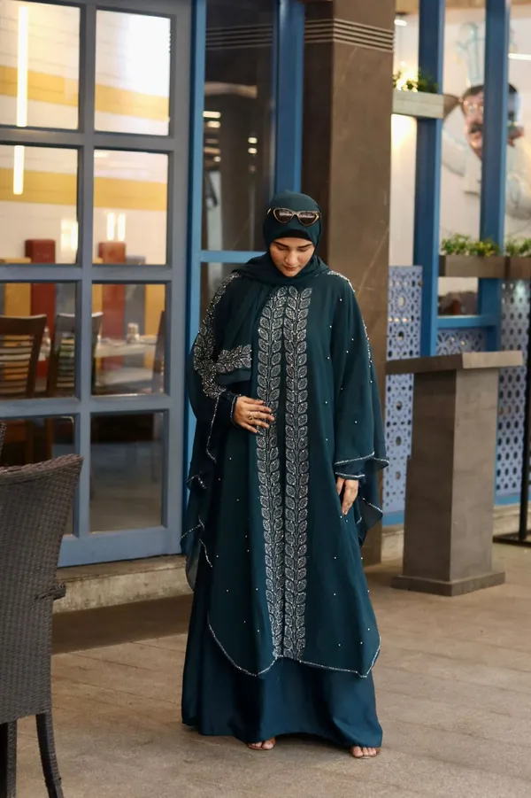 Teal_Nida_Georgette_Stonework_Abaya_With_Hijab_For_Women