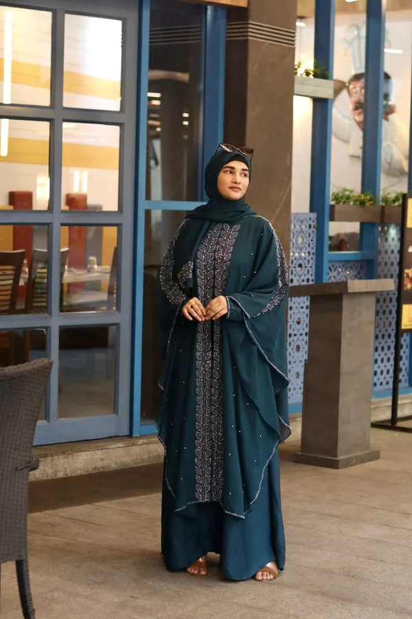 Teal_Nida_Georgette_Stonework_Abaya_With_Hijab_For_Women