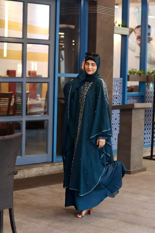Teal_Nida_Georgette_Stonework_Abaya_With_Hijab_For_Women
