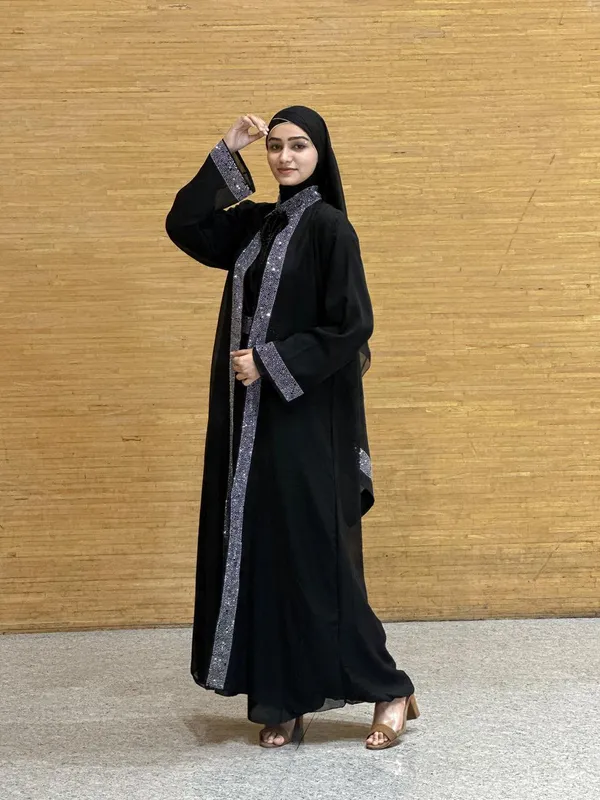 Black_Rhinestone_Stonework_Abaya_With_Hijab_For_Women