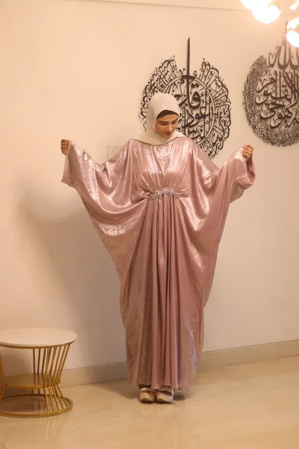 Pink_Shimmer_Flared_Abaya_With_Hijab_For_Women
