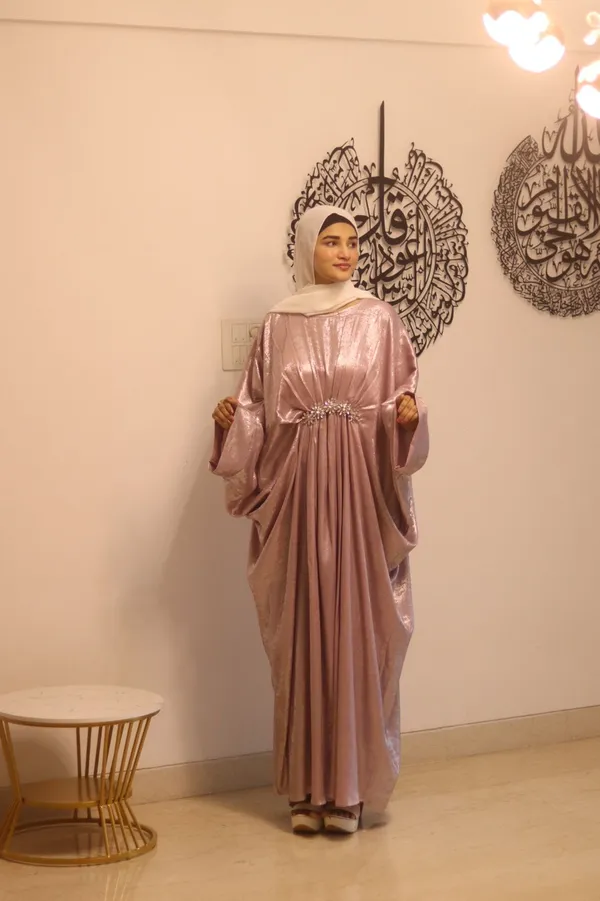 Pink_Shimmer_Flared_Abaya_With_Hijab_For_Women