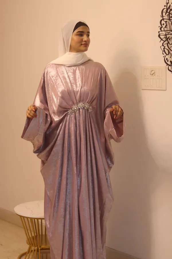 Pink_Shimmer_Flared_Abaya_With_Hijab_For_Women
