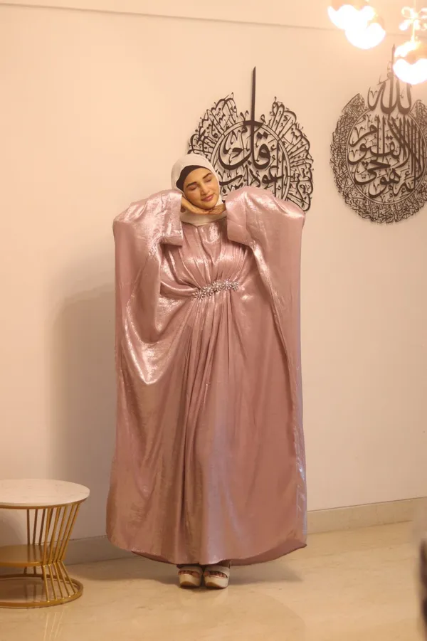 Pink_Shimmer_Flared_Abaya_With_Hijab_For_Women