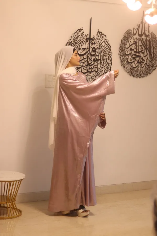 Pink_Shimmer_Flared_Abaya_With_Hijab_For_Women