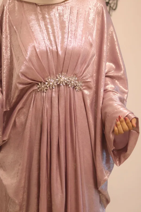 Pink_Shimmer_Flared_Abaya_With_Hijab_For_Women