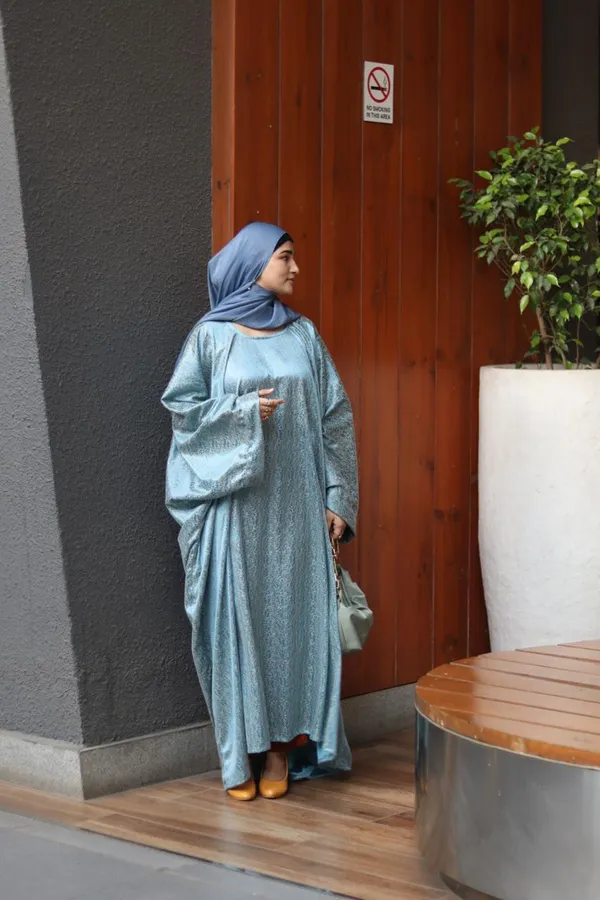 Teal_Gold_Satin_Embroidered_Belted_Jasmine_Abaya_For_Women