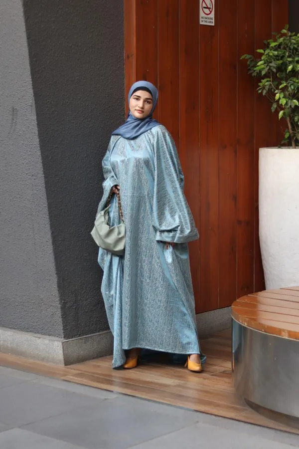 Teal_Gold_Satin_Embroidered_Belted_Jasmine_Abaya_For_Women