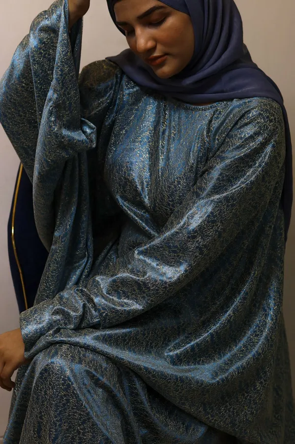 Teal_Gold_Satin_Embroidered_Belted_Jasmine_Abaya_For_Women
