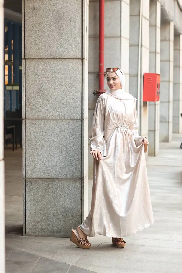 Cream_Shimmer_Abaya_With_Hijab_For_Women