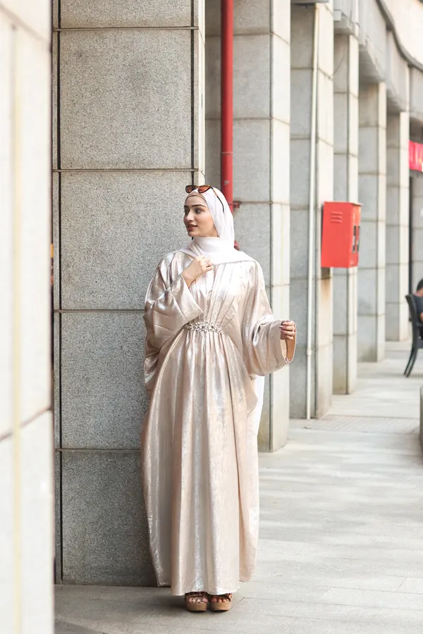 Cream_Shimmer_Abaya_With_Hijab_For_Women