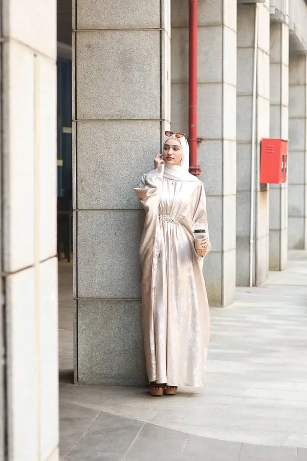 Cream_Shimmer_Abaya_With_Hijab_For_Women