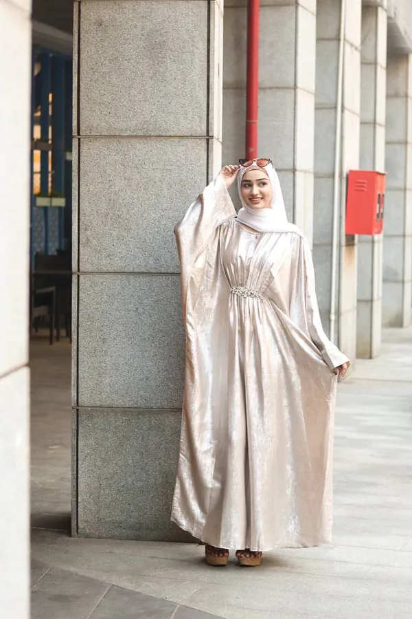Cream_Shimmer_Abaya_With_Hijab_For_Women